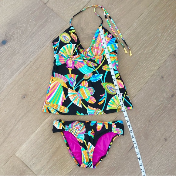 ⭐️Trina Turk⭐️Tankini Halter Set Neon Floral Paisley Black Swimsuit Swim Bikini - Picture 10 of 13